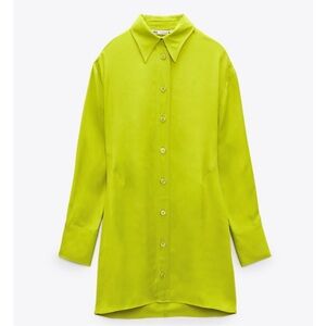 ZARA WOMEN'S SATIN EFFECT SHIRT DRESS LIME GREEN SIZE S